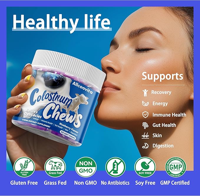 Bovine Colostrum Chews Supplement with probiotics for Gut Health, Bloating, Immune Support, Skin, Hair Growth and Beauty - Blueberry Flavor (60 Servings)