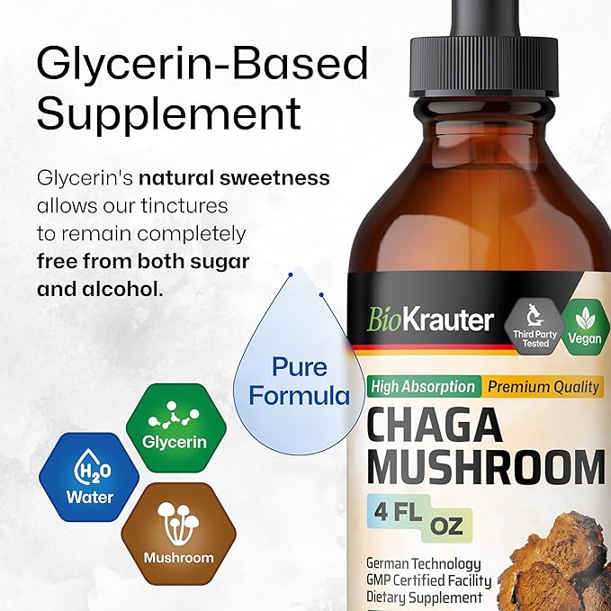 BIO KRAUTER Chaga Mushroom Extract - Chaga Tincture for Immune Support - Vegan, Alcohol & Sugar Free Drops 4 Fl.Oz.