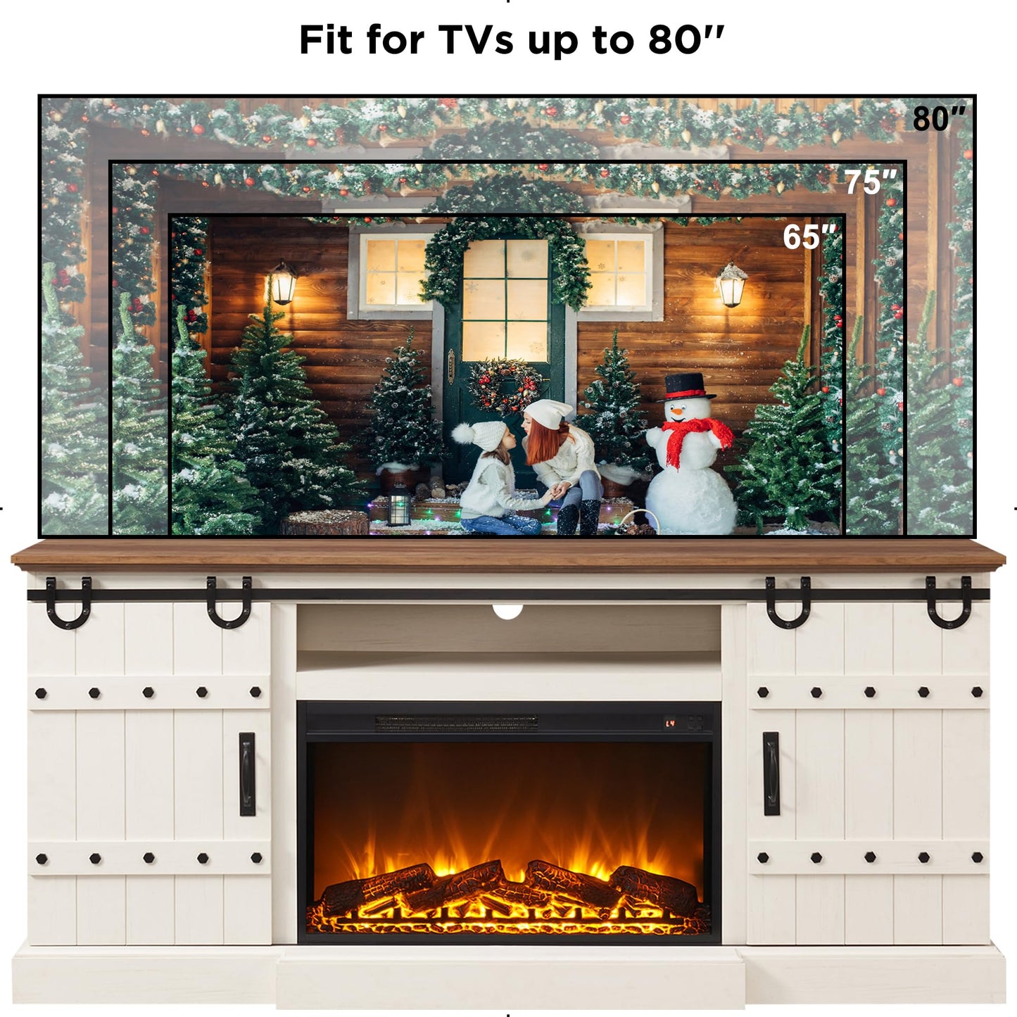 OKD Fireplace TV Stand for 75 80 Inch TV, Farmhouse Entertainment Center with Sliding Barn Doors, Rustic Media Console Table with Storage Cabinets for Living Room, Antique White