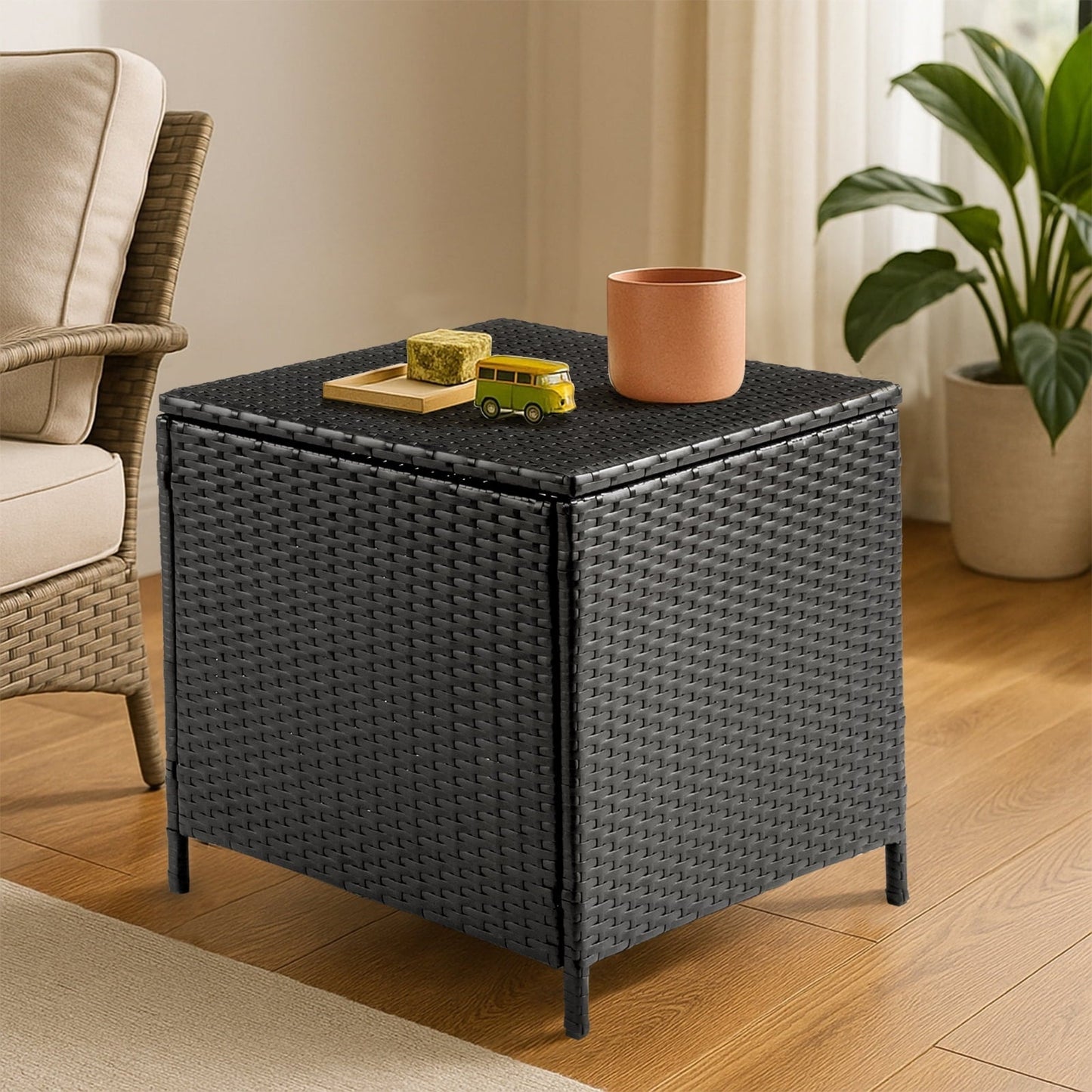 27-Gallon Outdoor PE Wicker Side Table with Storage, All-Weather, Dual-Function, Steel Frame, Black