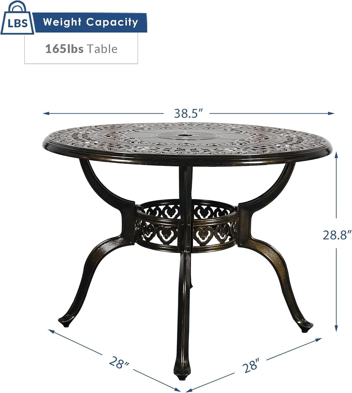 38.5 Inch Outdoor Dining Table Round Patio Table Bronze Cast Aluminum Rustic Large Table with Umbrella Hole