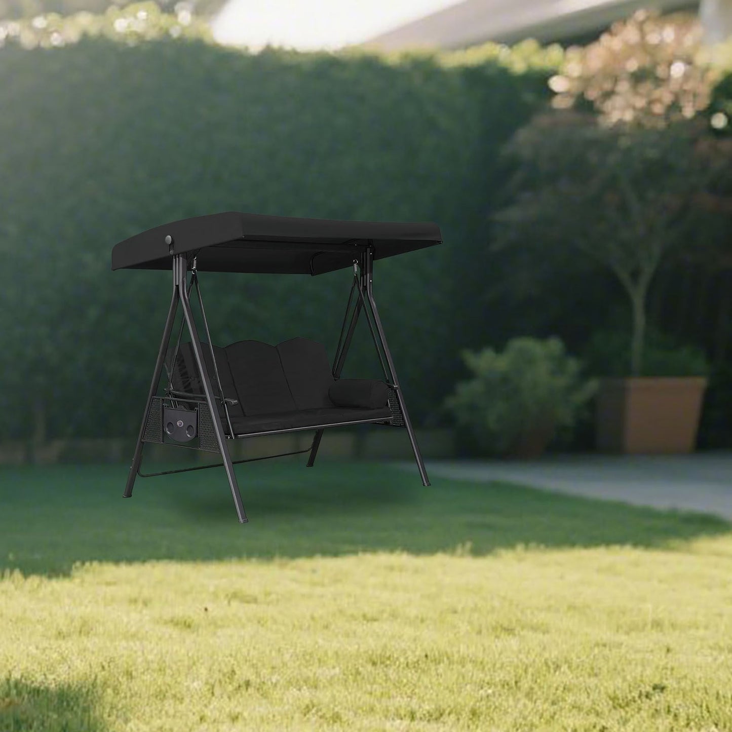 3-Seat Outdoor Patio Porch Swing with Adjustable Tilt Canopy (Excluding iron frame chairs Cushions and Pillow）Black