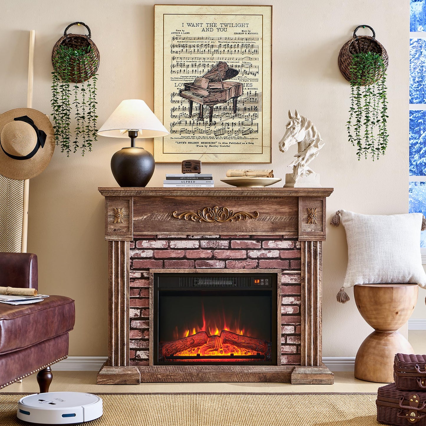 43" Electric Fireplace with Mantel, Electric Fireplace Heater, TV Stand w/Freestanding Electric Fireplaces, Stacked Stone Surround, Remote Control, Adjustable Flame Level for Living Room (Light Brown)