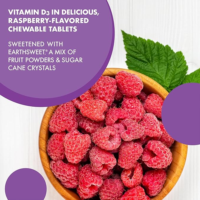 Bluebonnet Nutrition EarthSweet Vitamin D3 1000IU - Bone & Immune Support Supplement - Raspberry Chewable Vitamin D Supplement for Women & Men - Soy-Free, Gluten-Free, Non-GMO - 90 Tablets
