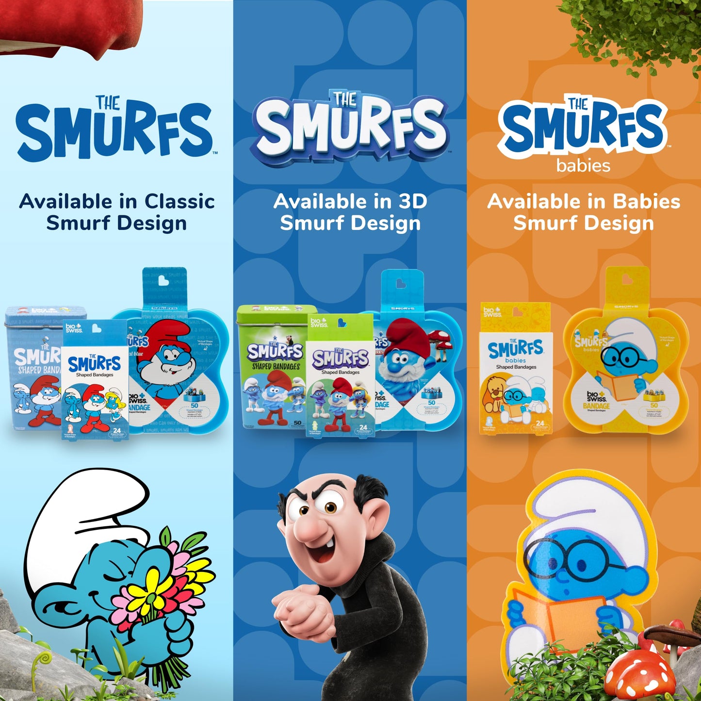 BioSwiss Bandages, The Smurfs Classic Shaped Self Adhesive Bandage, Latex Free Sterile Wound Care, First Aid Supplies for Kids and Adults, 24 Count