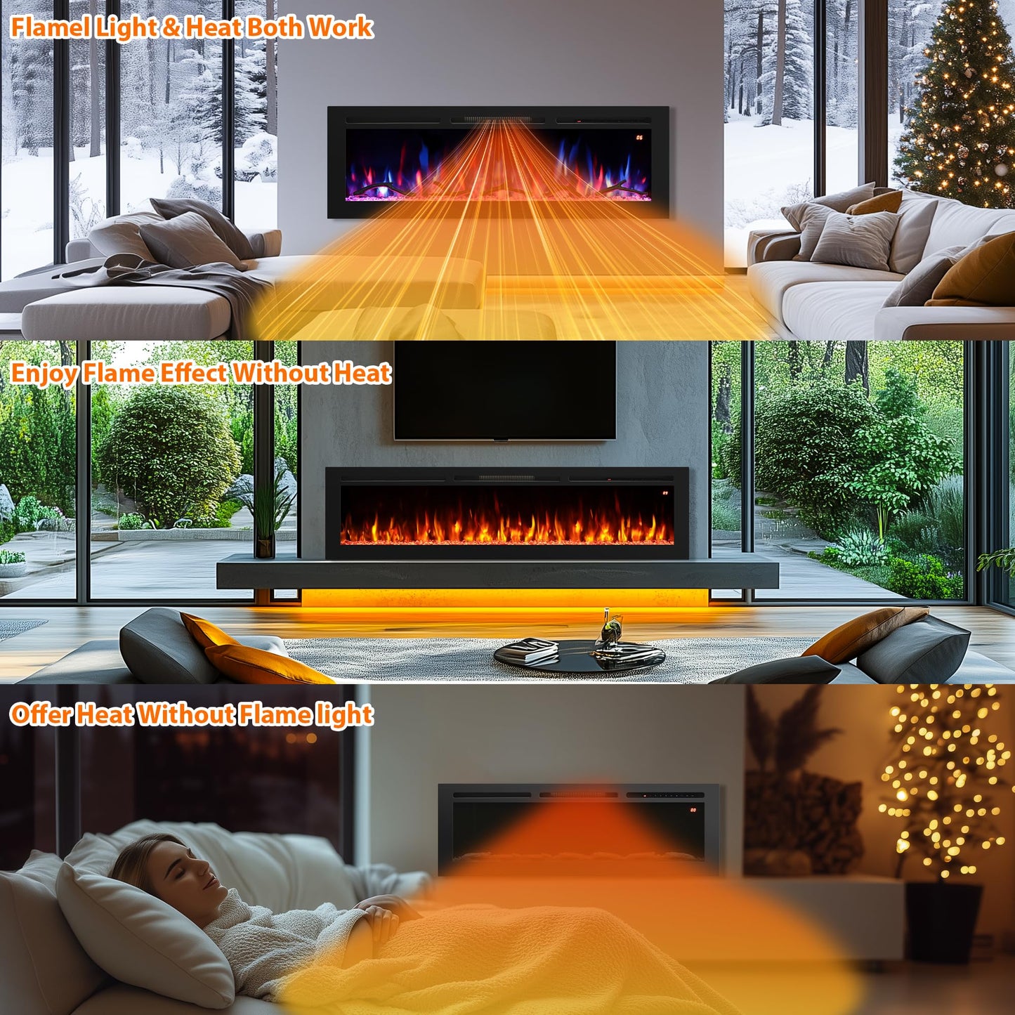 Oxhark Flame 54 Inches Electric Fireplace, Freestanding & Wall Mounted & Recessed, Electric Fireplace Heater with Remote Control, 196 Flame Combinations, 6 Levels Brightness, Timer, Black, 1500W/750W
