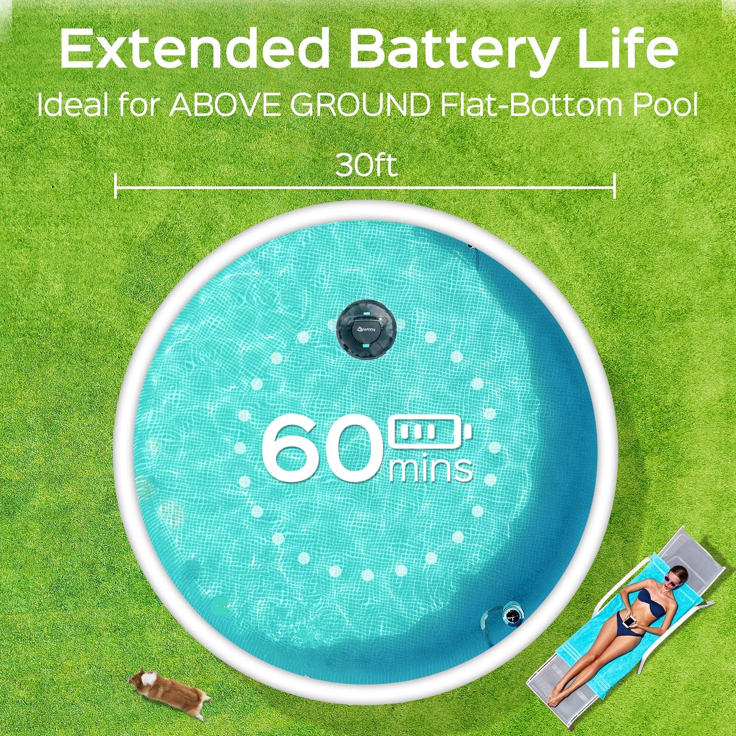 Cordless Robotic Pool Cleaner, Lasts 60 Min, Automatic Vacuum for Above-Ground Pools up to 538 Sq.ft,Portable, Self-Parking,Transparent Black