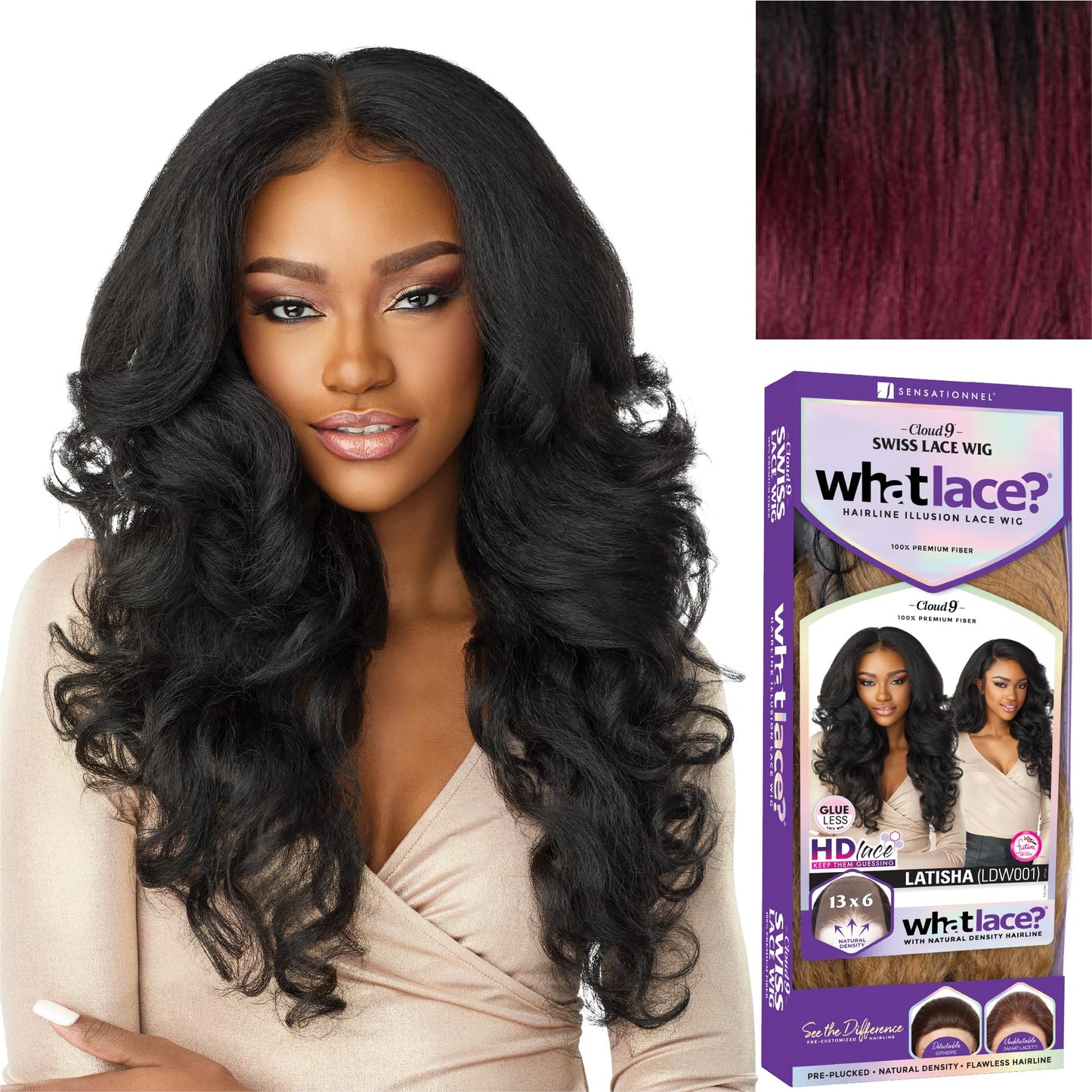 Sensationnel What Lace 13X6 Wigs - Latisha Lacefrontal Hand Tied Glueless Synthetic With Natural Density Preplucked Hairline (Tipped Off Black and Burgundy T1B/BG)