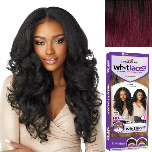 Sensationnel What Lace 13X6 Wigs - Latisha Lacefrontal Hand Tied Glueless Synthetic With Natural Density Preplucked Hairline (Tipped Off Black and Burgundy T1B/BG)