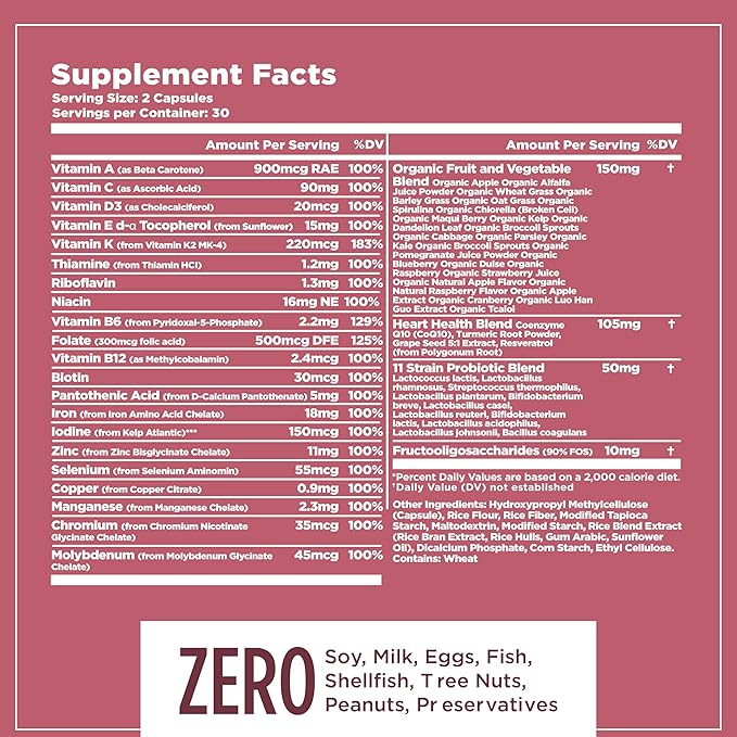 Multifood Whole Food Multivitamin for Men & Women | 21 Organic Fruits & Vegtables | Boosts Energy, Supports Gut & Immune Health | Prebiotics & Probiotics | 60 Capsules