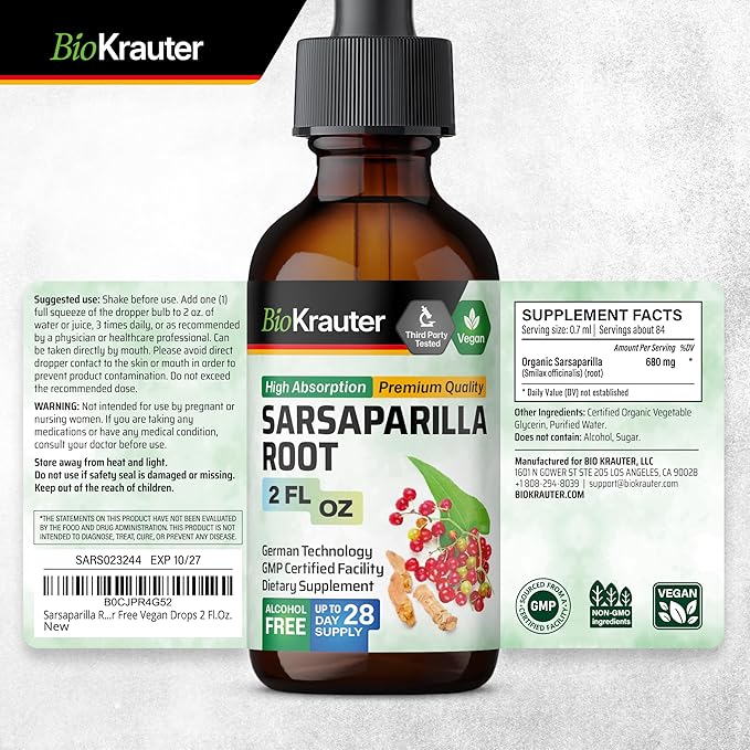 BIO KRAUTER Sarsaparilla Root Tincture - Herbal Liquid Extract Supplement for Liver Support - Alcohol & Sugar Free Vegan Drops 2 Fl.Oz.