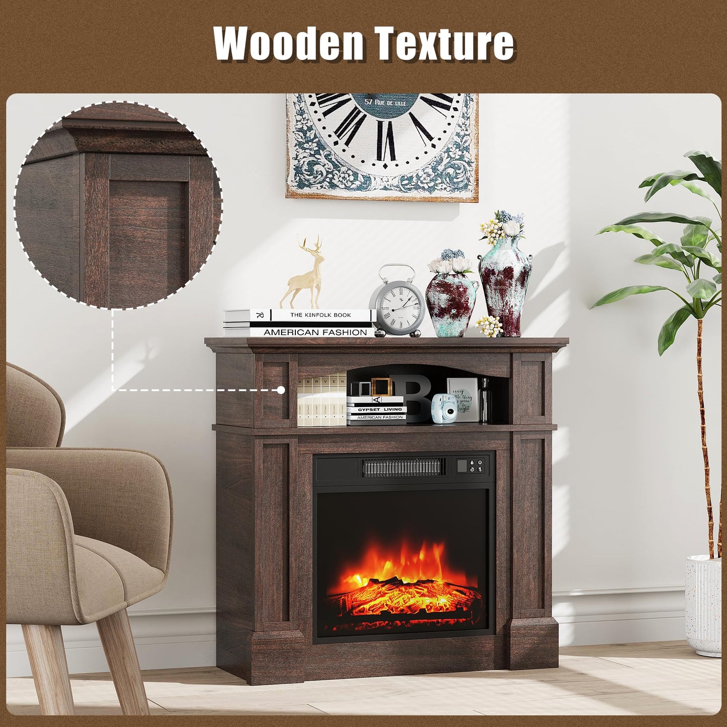 TRONLEE 32" Small Fireplace Mantel with Central Cabinet, Includes 18" Freestanding 1400W Electric Fireplace, Remote Control, Compact Design for Living Room, Study, Bedroom (Walnut)