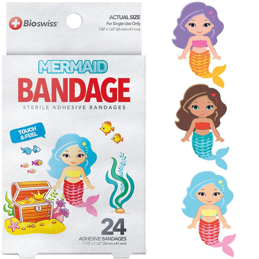 BioSwiss Bandages, Mermaid Shaped Self Adhesive Bandage, Latex Free Sterile Wound Care, Fun First Aid Kit Supplies for Kids, 24 Count