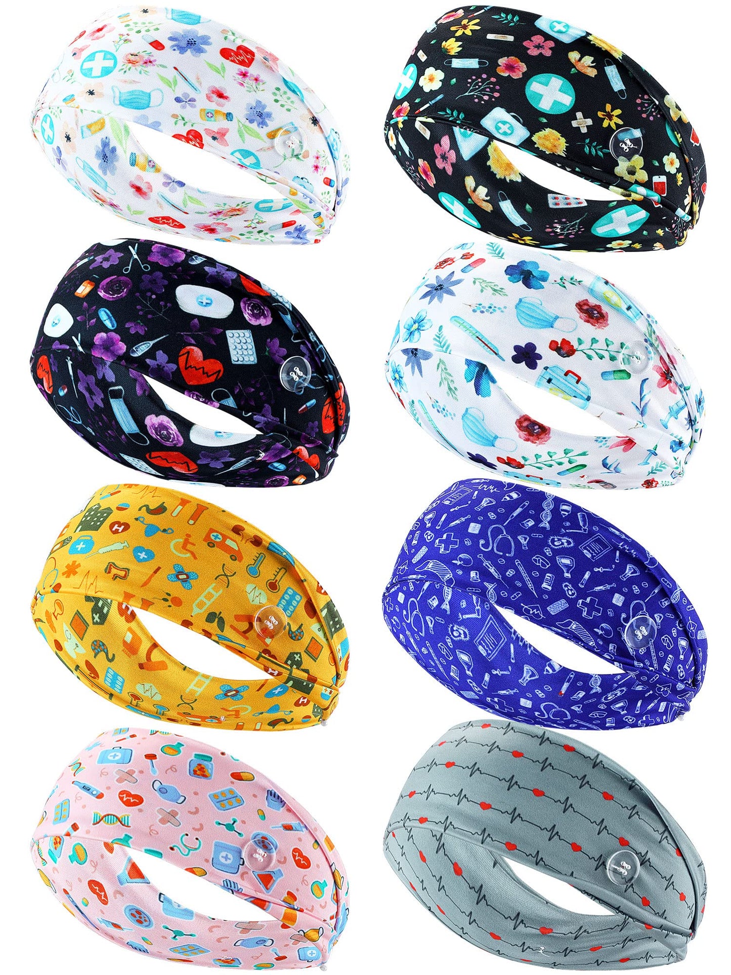 WILLBOND 8 Pieces Nursing Headbands with Buttons for Nurses Doctors Women Face Covering Ear Protection Holder Non Slip Elastic Hair Bands Wide Head Wraps for Spa Yoga Sports Workout (Fresh Patterns)
