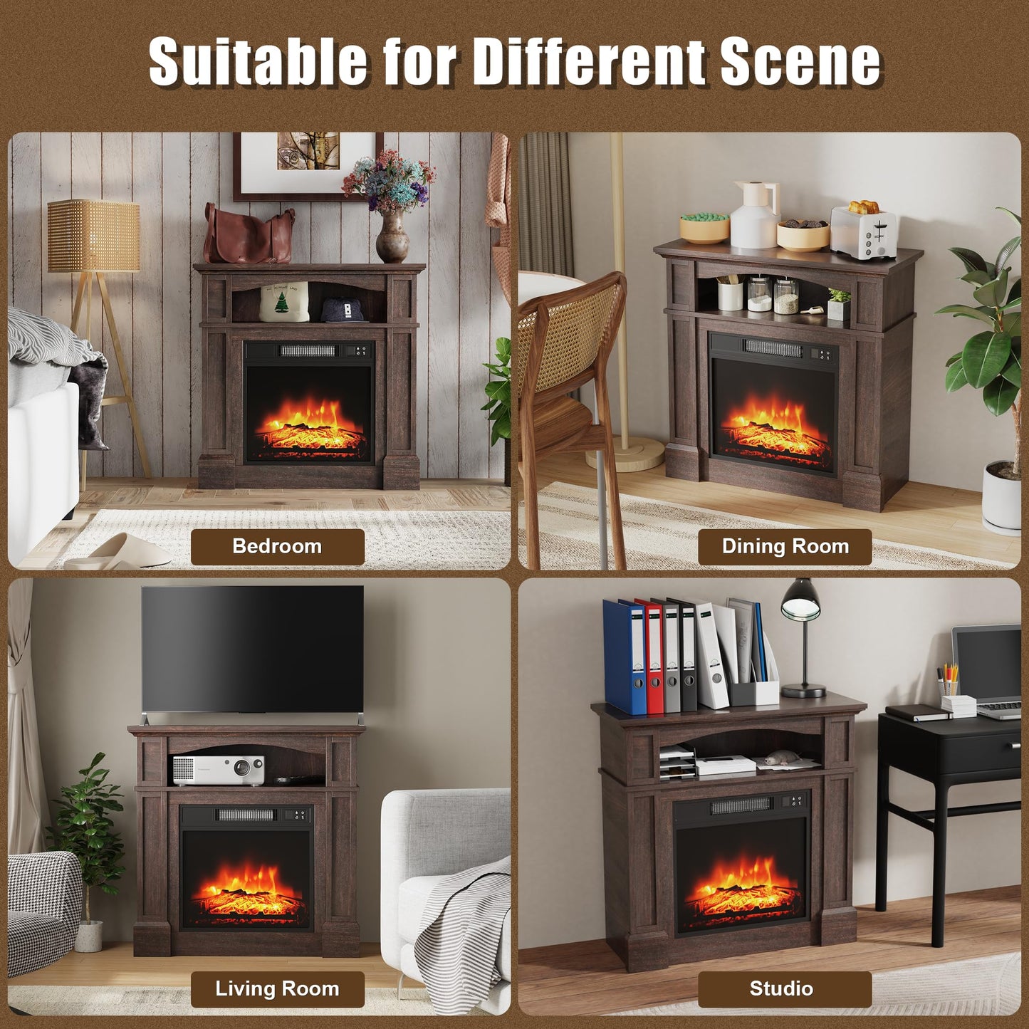 TRONLEE 32" Small Fireplace Mantel with Central Cabinet, Includes 18" Freestanding 1400W Electric Fireplace, Remote Control, Compact Design for Living Room, Study, Bedroom (Walnut)