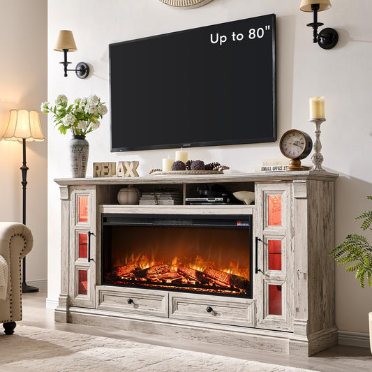 OKD Fireplace TV Stand for up-to-80 TV, Farmhouse 36" Tall Entertainment Center with 42" Electric Fireplace, Media Console with Glass Door Cabinets & Drawers for Living Room, Antique Brush White