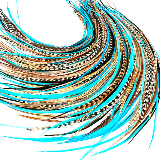 21 Natural & Turquoise Color Hair Feathers - 7”- 12” Long - Feathers for Hair Extension, Rooster Feathers DIY Kit - Eye-Catching Design - 20 Micro-link Beads - 100% Real Rooster Feathers