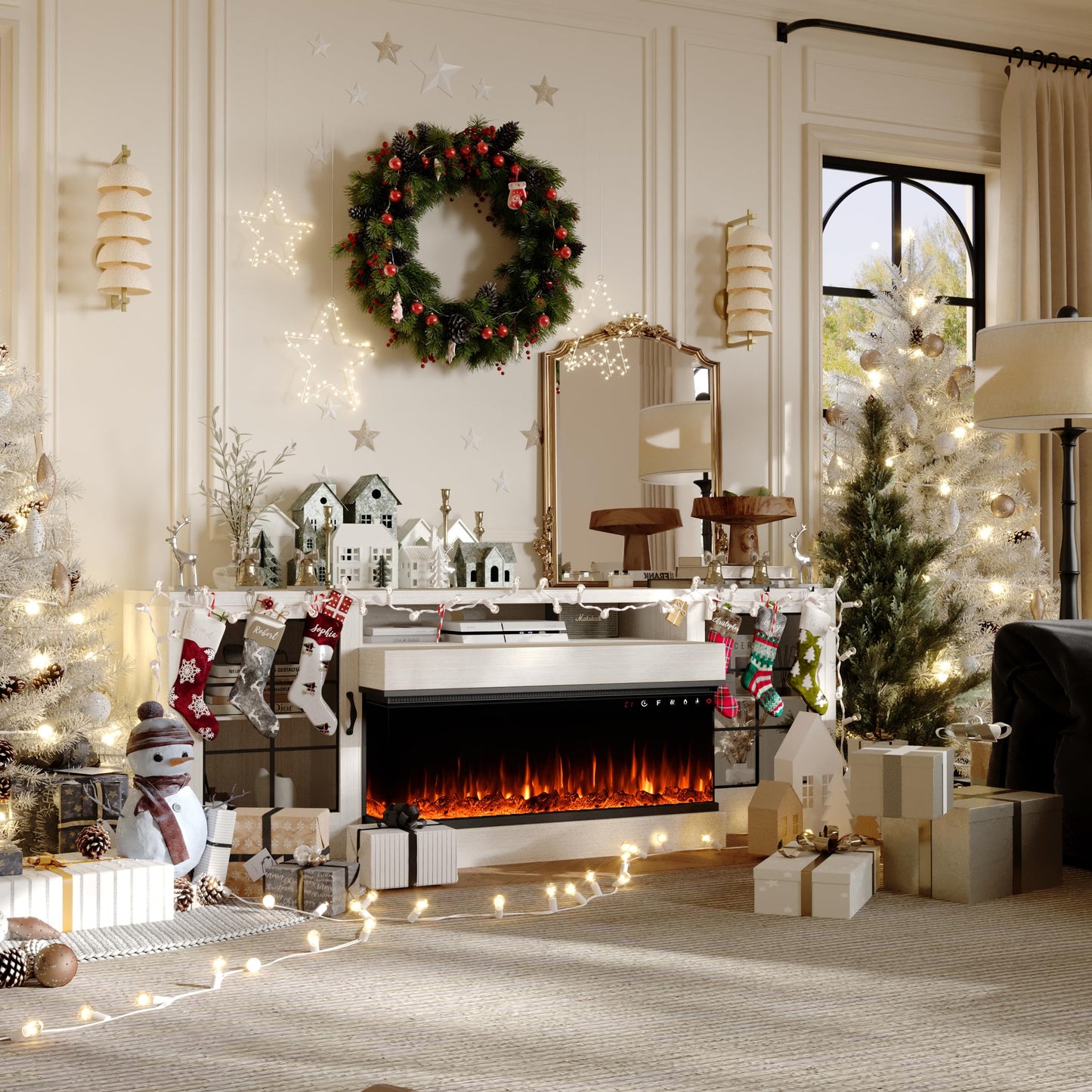 CharaVector 3-Sided Farmhouse Electric Fireplace TV Stand for TVs up to 75'', Entertainment Center with Glass Door Storage Cabinet, 60'' Large TV Stands with 30''Fireplace, White