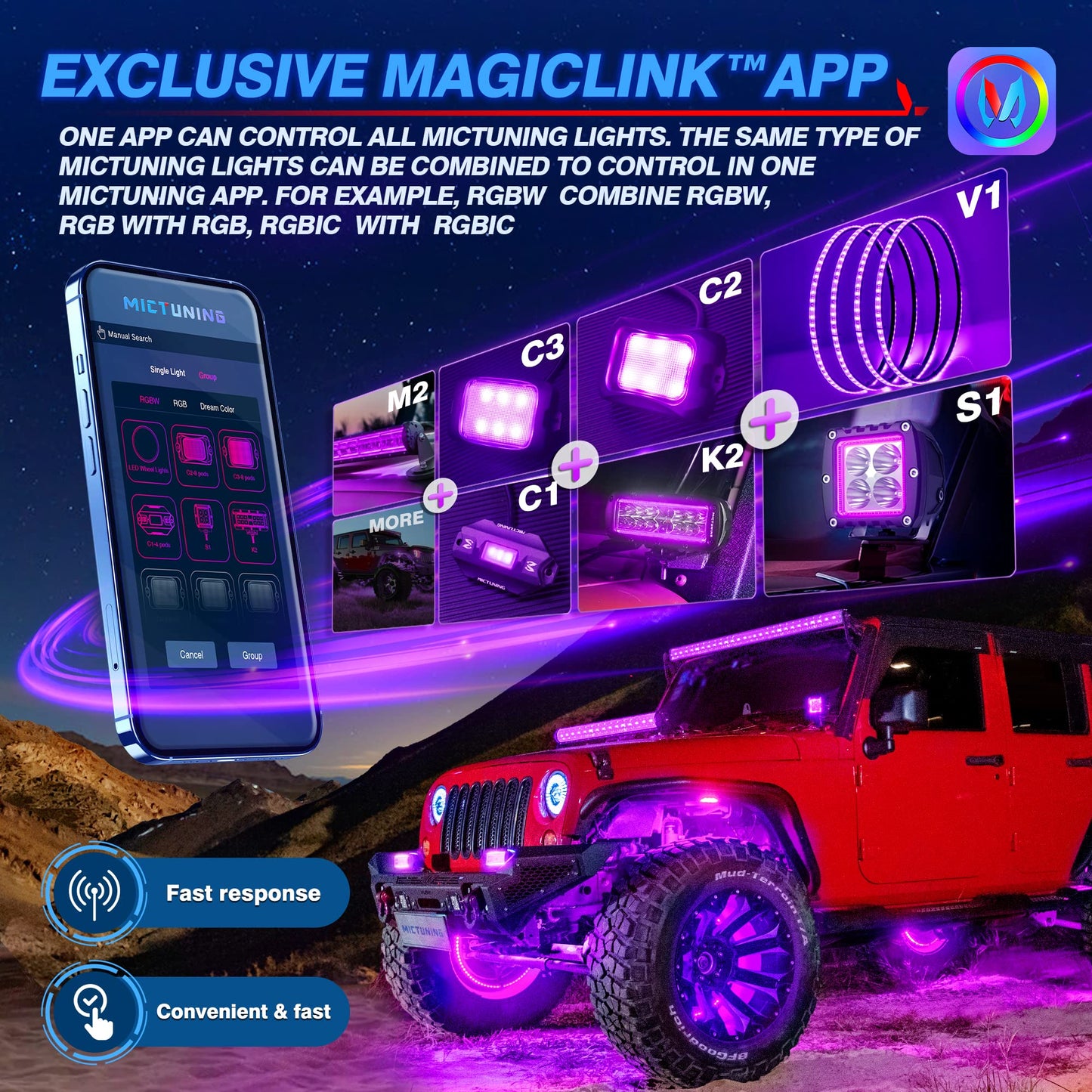 MICTUNING 17.5" V1 RGBW LED Wheel Lights Kit with APP Control & Music Sync Turn Signal, Brake Function, Pure Colors Neon Wheel Rim Lights for Trucks, SUVs, Cars (4PCS, Single Row)