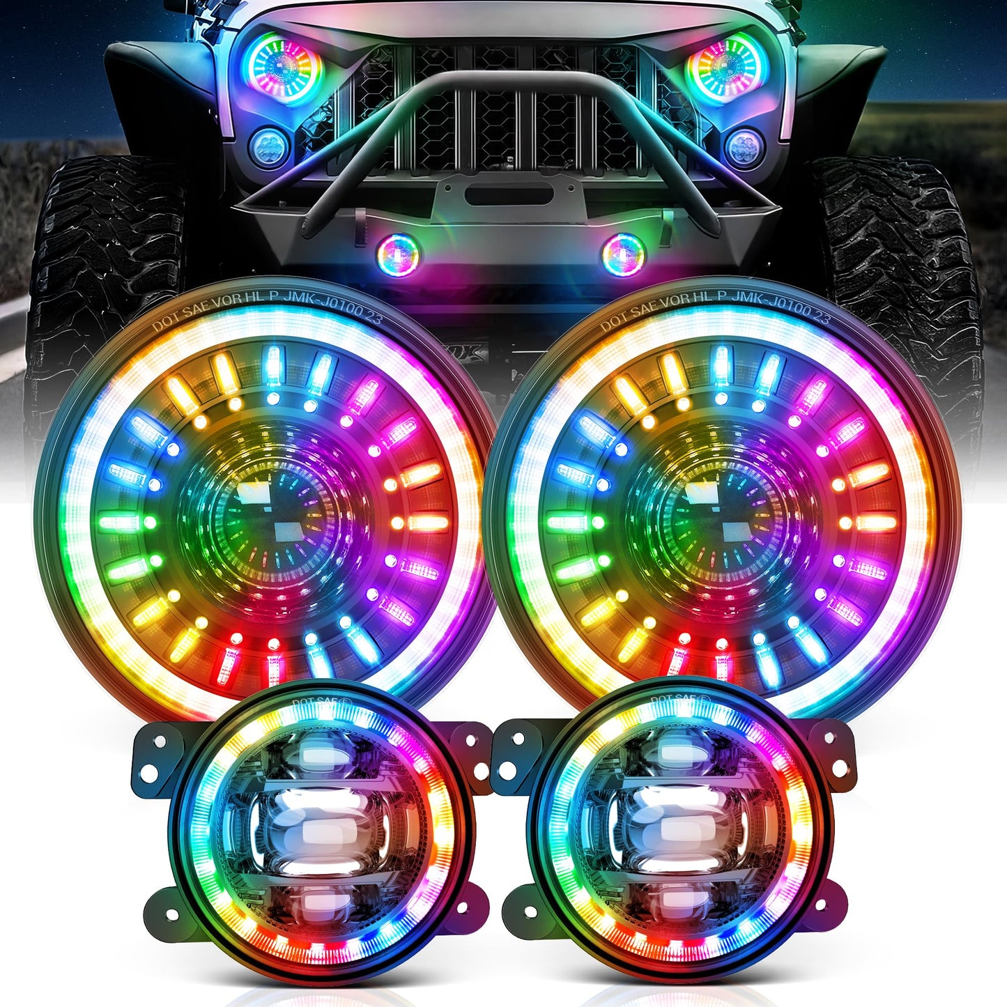 MICTUNING J1 RGB+IC 7-inch LED Headlights with Fog Lights, Multi-color Chasing App Control Compatible with 1997-2018 Jeep Wrangler TJ JK Chevy Ford GMC, DOT Approved, Anti-glare 1000% Brighter