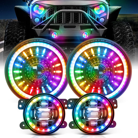 MICTUNING J1 RGB+IC 7-inch LED Headlights with Fog Lights, Multi-color Chasing App Control Compatible with 1997-2018 Jeep Wrangler TJ JK Chevy Ford GMC, DOT Approved, Anti-glare 1000% Brighter