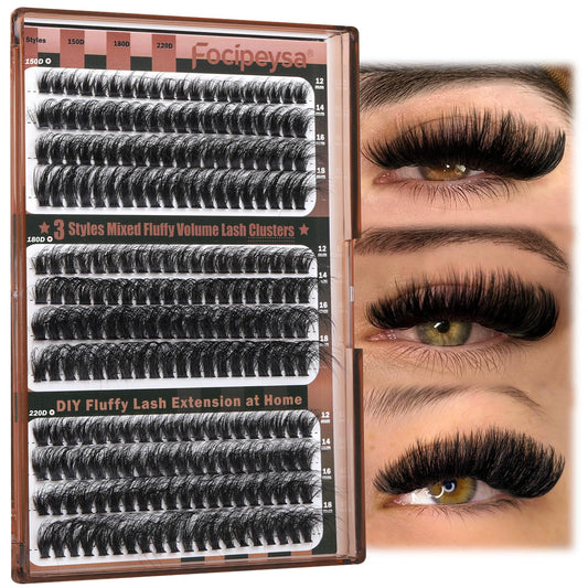 Focipeysa Fluffy Lash Clusters Wispy Lash Extension 12-18mm Eyelash Clusters 150D+180D+220D Individual Eyelashes Extensions, DIY Clusters Lashes at Home (240pcs 12-18mm Mixed)
