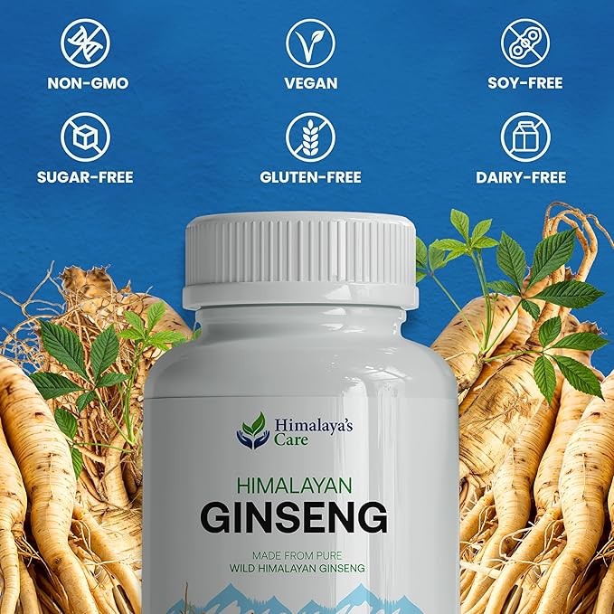 Himalaya's Care Panax Ginseng Supplement 1000mg - 60 Vegan Capsules - Korean Red Ginseng Extract Root Powder Pills for Men and Women - for Natural Energy, Focus, Immune Support, Vitality & Stamina