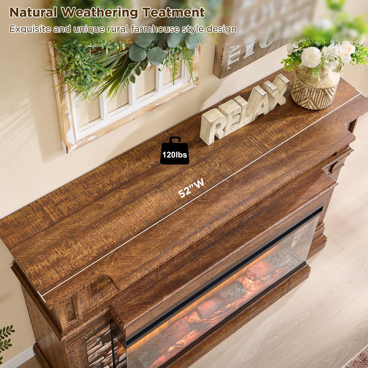 RedLemon 3-Sided Glass Fireplace TV Stand for TVs up to 65", 52" Electric Fireplace with Mantel, 36" Tall Highboy Farmhouse Entertainment Center with Storage for Living Room, Reclaimed Barnwood