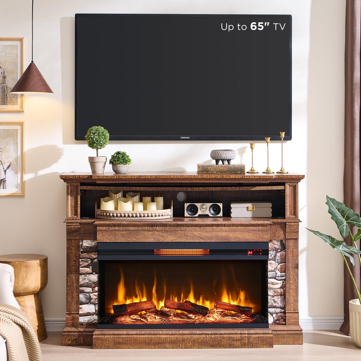 RedLemon 3-Sided Glass Fireplace TV Stand for TVs up to 65", 52" Electric Fireplace with Mantel, 36" Tall Highboy Farmhouse Entertainment Center with Storage for Living Room, Reclaimed Barnwood