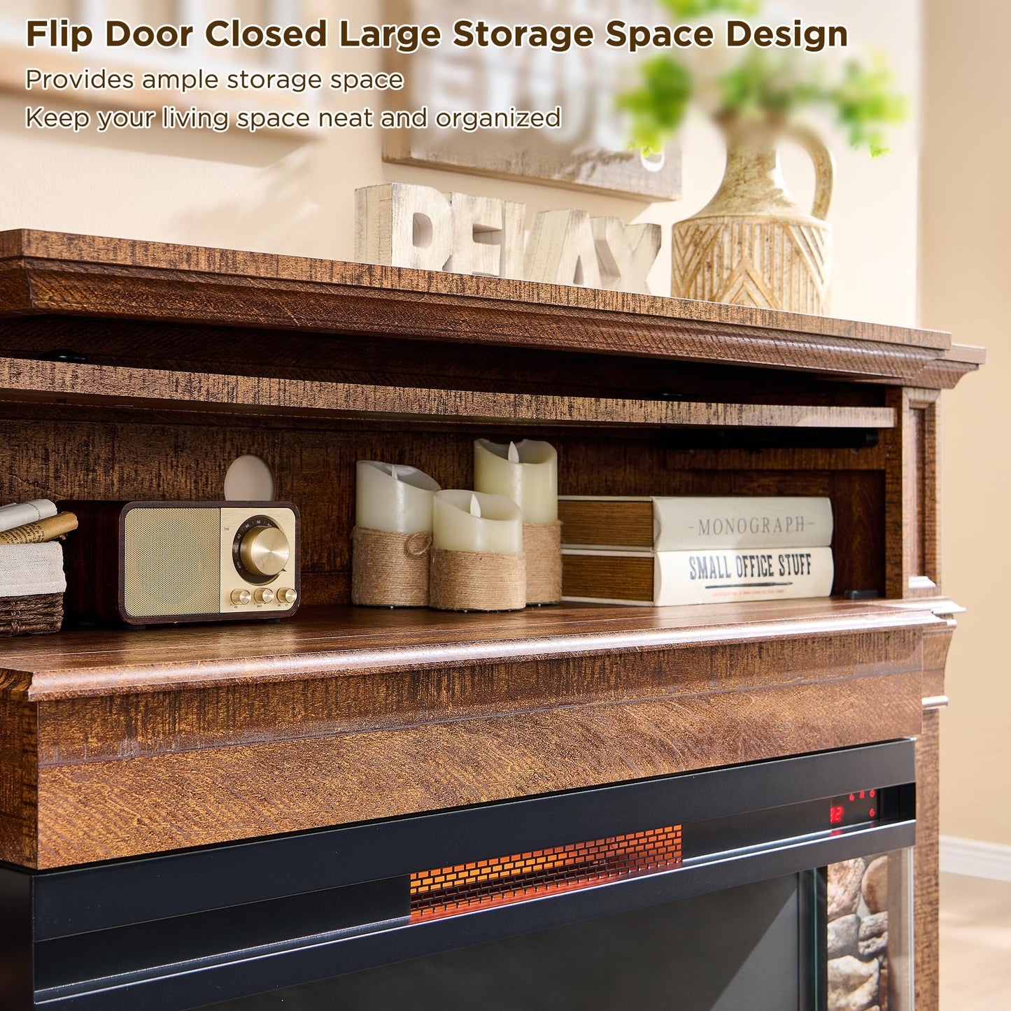 RedLemon 3-Sided Glass Fireplace TV Stand for TVs up to 65", 52" Electric Fireplace with Mantel, 36" Tall Highboy Farmhouse Entertainment Center with Storage for Living Room, Reclaimed Barnwood