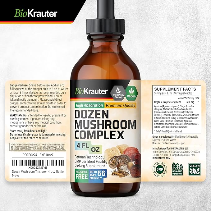 BIO KRAUTER Dozen Mushroom Tincture - Immune Support Supplement Drops - Promotes Digestive & Cognitive Support - Non-GMO, Liquid Immunity Defense Formula - 4 fl. oz Bottle