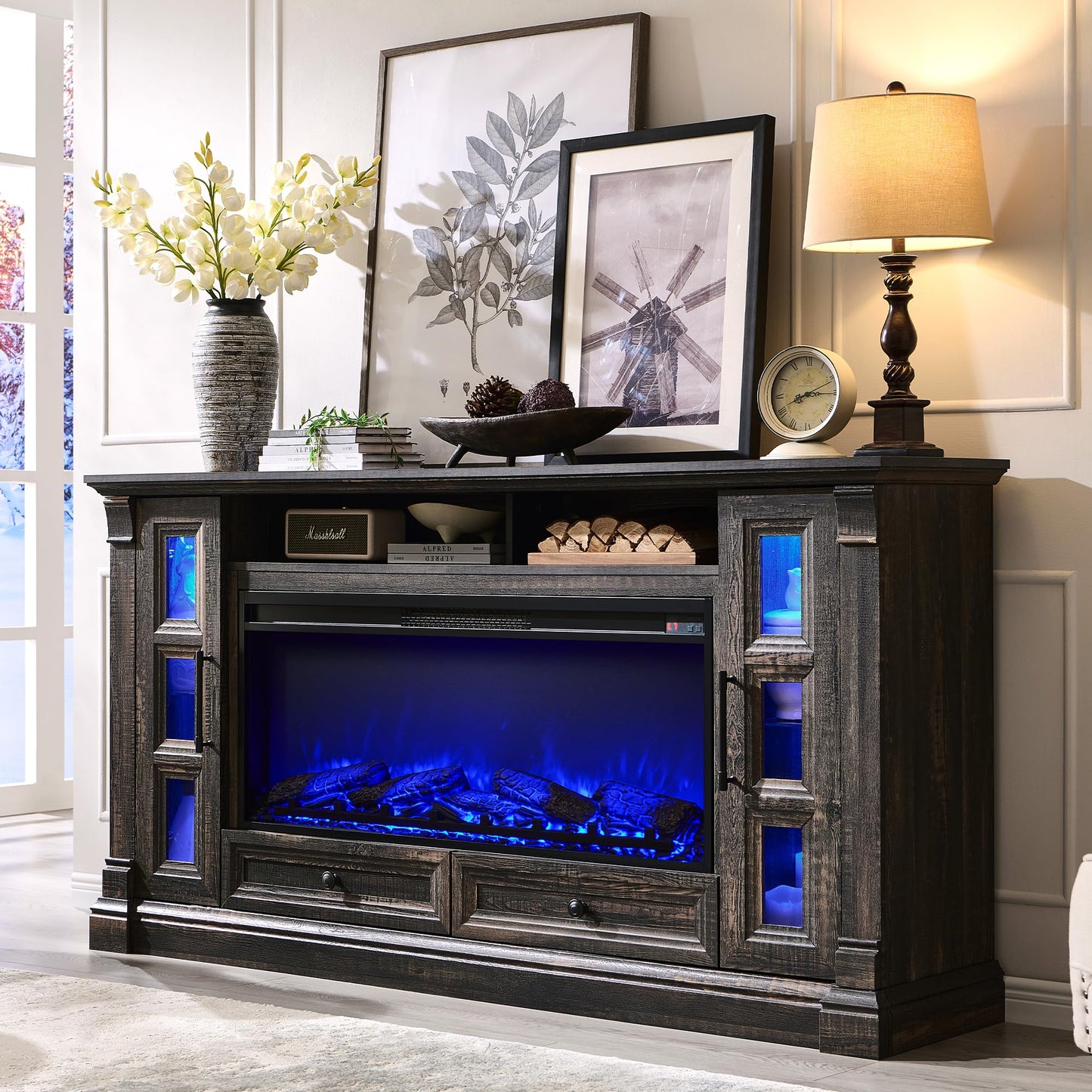 OKD TV Stand with Fireplace for up-to-80 TV, Farmhouse 72" Entertainment Center with 42" Electric Fireplace, TV Console with Glass Door Cabinets & Drawers for Living Room, Dark Rustic Oak