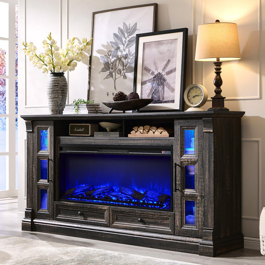 OKD TV Stand with Fireplace for up-to-80 TV, Farmhouse 72" Entertainment Center with 42" Electric Fireplace, TV Console with Glass Door Cabinets & Drawers for Living Room, Dark Rustic Oak