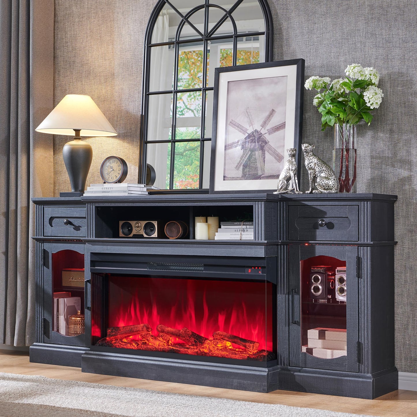 Farmhouse Electric Fireplace TV Stand for TVs up to 80", Entertainment Center with 36" 3-Sided Glass Electric Fireplace & LED Lights, 70-inch TV Console for Living Room, Black