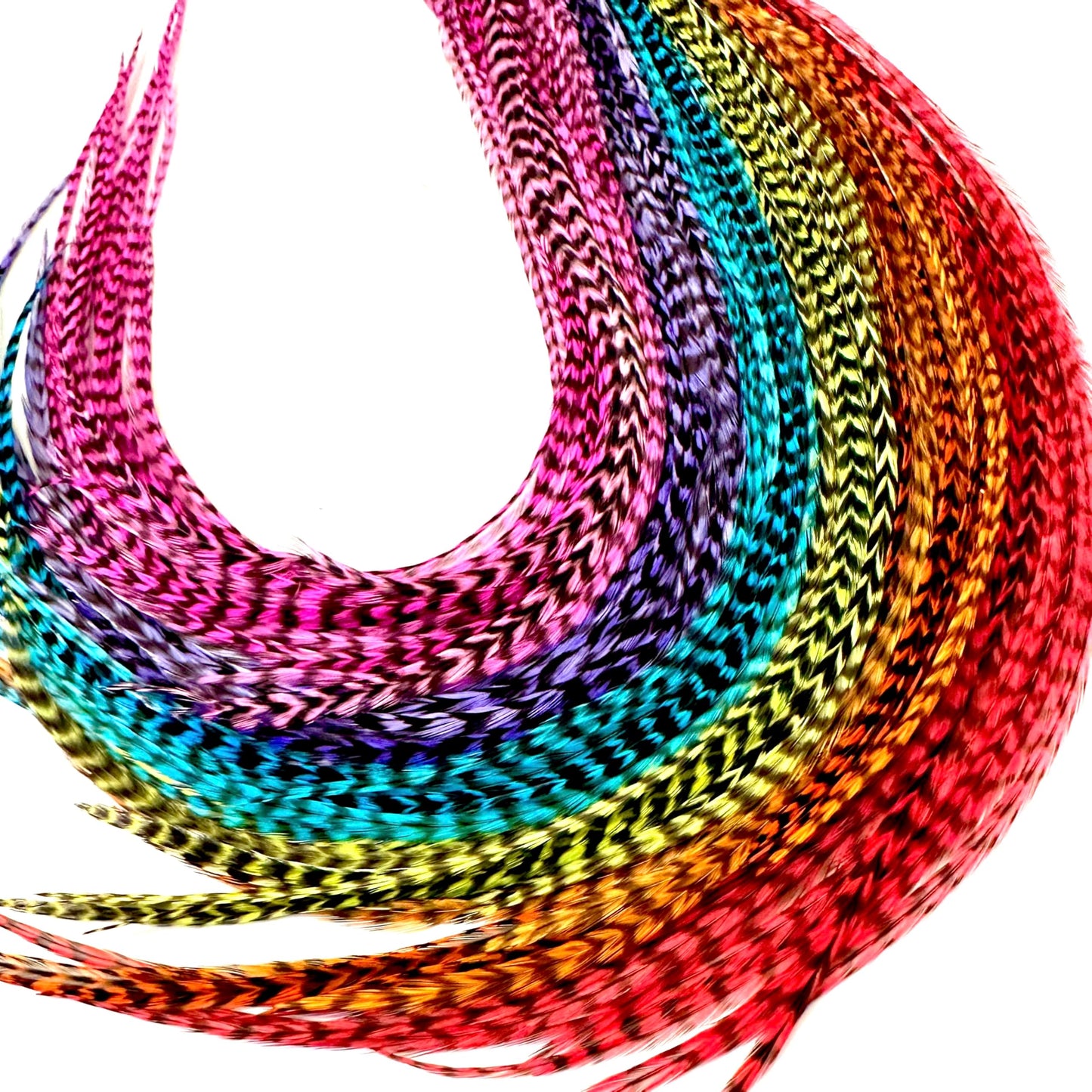 21 Rainbow Grizzly Color Hair Feathers - 7”- 12” Long - Feathers for Hair Extension, Rooster Feathers DIY Kit - Eye-Catching Design - 20 Micro-link Beads - 100% Real Rooster Feathers