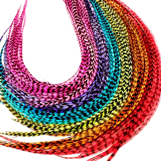 21 Rainbow Grizzly Color Hair Feathers - 7”- 12” Long - Feathers for Hair Extension, Rooster Feathers DIY Kit - Eye-Catching Design - 20 Micro-link Beads - 100% Real Rooster Feathers