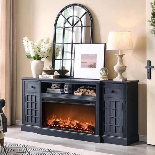 JXQTLINGMU TV Stand with Fireplace for up-to-80 TV, Farmhouse 70" Entertainment Center with 36" Electric Fireplace, TV Console with Grid-Door Cabinets & Drawers for Living Room, Black