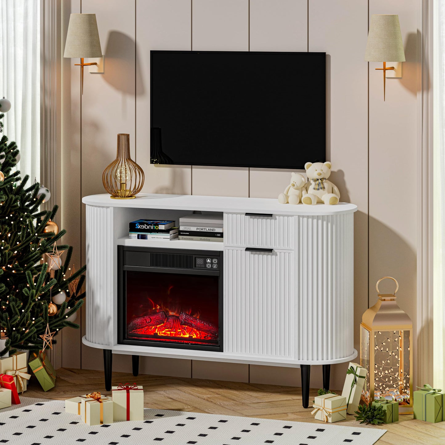 OLD CAPTAIN Electric Fireplace, 50" Electric Fireplace TV Stand, Fireplace Console with Curved Profile Design, Modern Entertainment Center with Storage, Media Console with Fireplace, White
