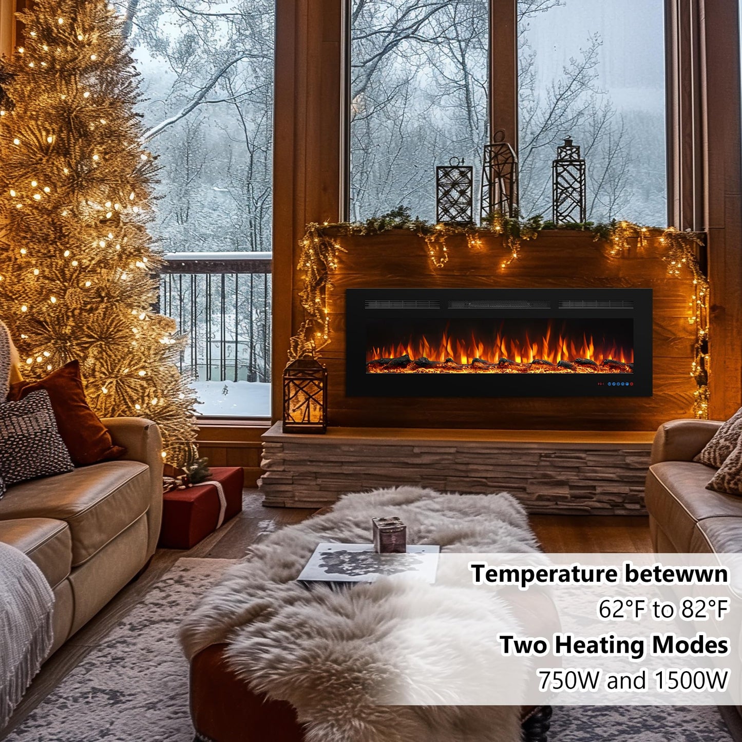 Valuxhome 36" Electric Fireplace, WiFi App Control, Wall-Mount & Recessed, 3 Flame Colors, 5 Brightness, Overheating Protection, Touch Screen, 750/1500W,Timer,Hard-Wire