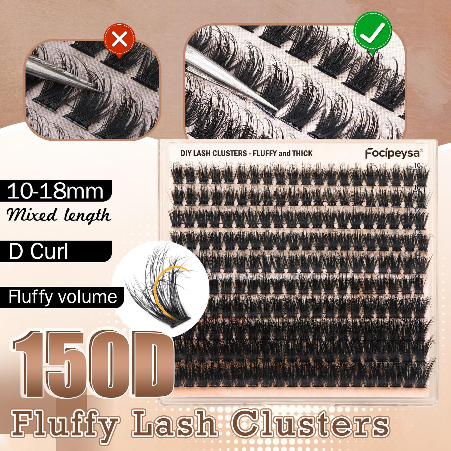 Focipeysa Fluffy Lash Extension Kit 200Pcs Lash Clusters Kit with Lash Bond and Seal and Lash Tweezers Lash Clusters DIY Eyelash Extensions Kit at Home (150D 10-18mm D Curl), Black