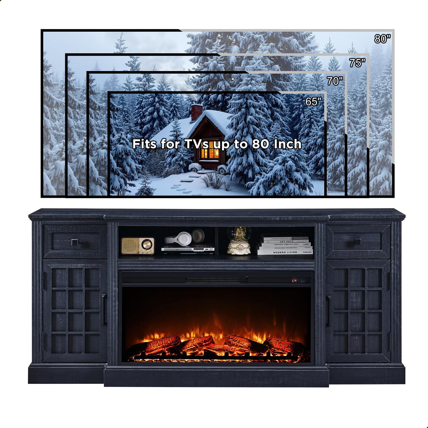 JXQTLINGMU TV Stand with Fireplace for up-to-80 TV, Farmhouse 70" Entertainment Center with 36" Electric Fireplace, TV Console with Grid-Door Cabinets & Drawers for Living Room, Black