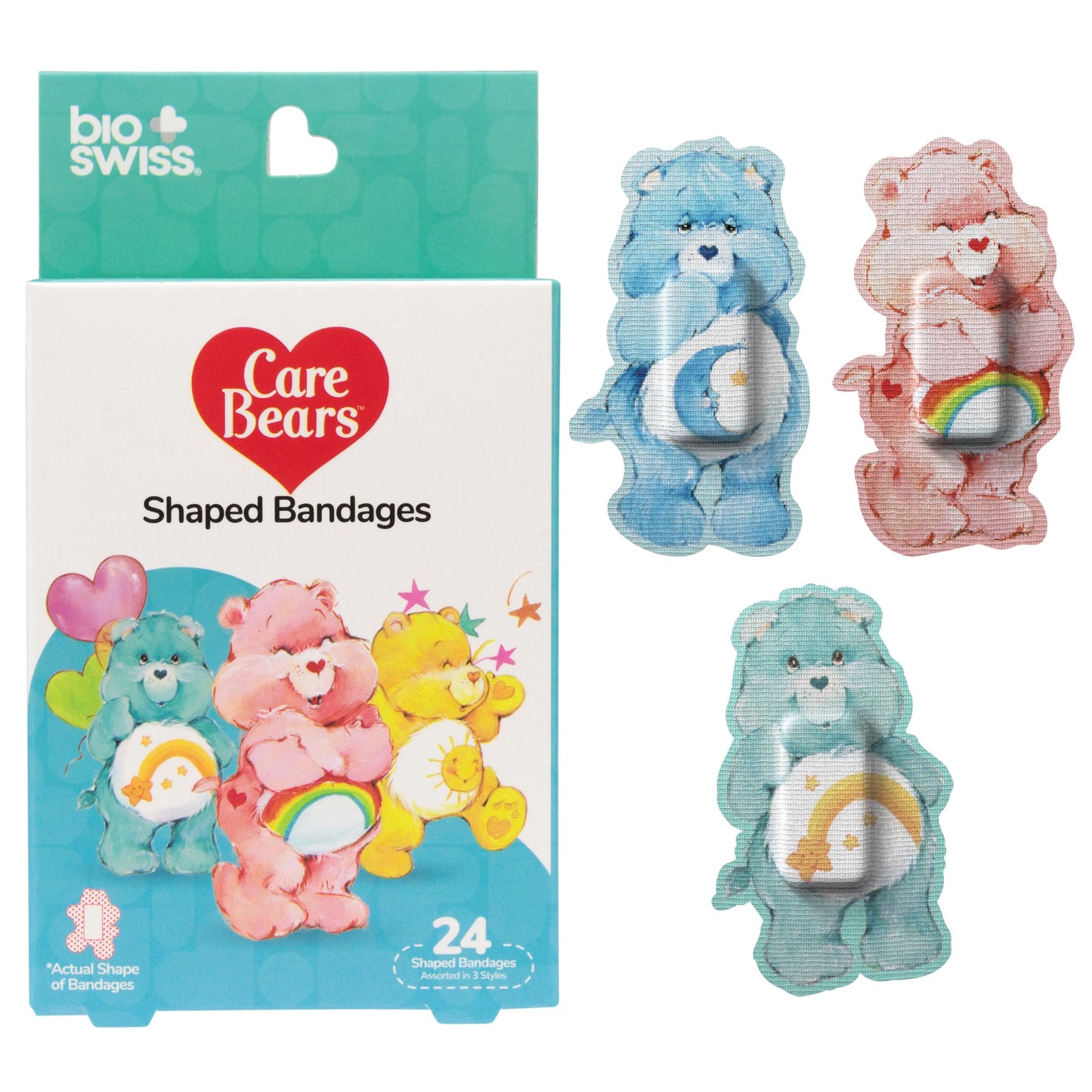 BioSwiss Care Bears Bandages, Classic Care Bear Shaped Self Adhesive Bandage, Latex Free Sterile Wound Care, Fun First Aid Kit Supplies for Kids, 24 Count
