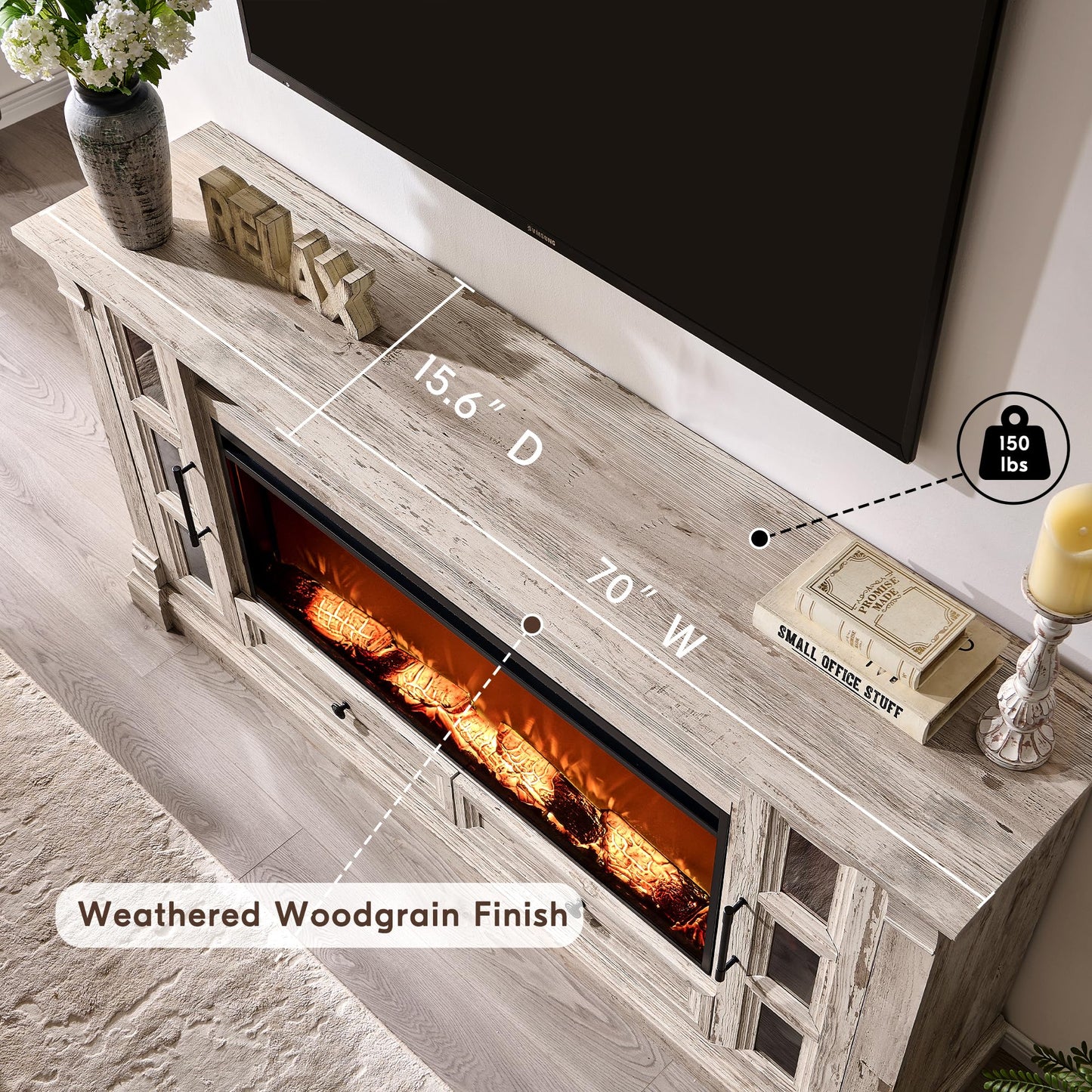 OKD Farmhouse Entertainment Center with Fireplace, 70" TV Stand with 42" Electric Fireplace, TV Cabinet for up-to-80 TV with Glass Doors & Drawers for Living Room, Antique Brush White