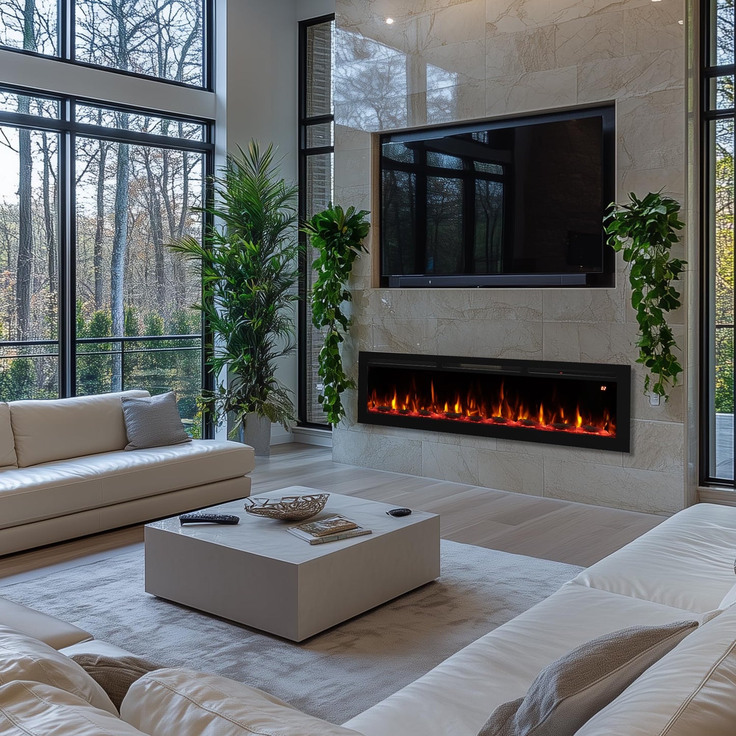 48 Inch Wall Mounted/Recessed/Freestanding Electric Fireplace Inserts，3 in 1 Electric Fireplace with 4 Solid Flame Colors & 10 Mixed Flame Colors,1-9H Timer, 750w/1500w