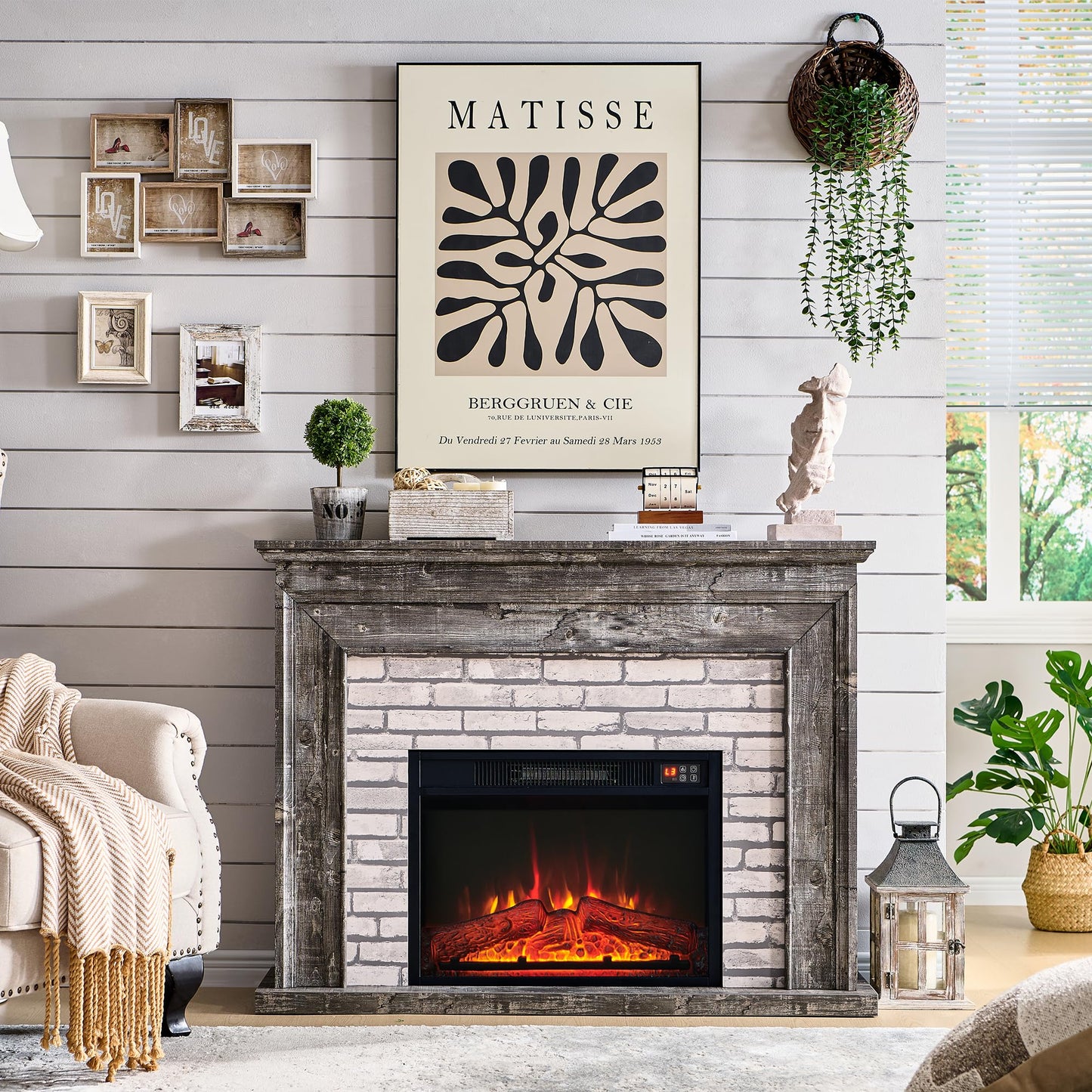 Aitjunz 45" Flip Top Electric Fireplace with Mantel, Electric Fireplace Heater, TV Stand with Freestanding Electric Fireplaces, Remote Control, Adjustable Flame Level for Living Room (Light Grey)