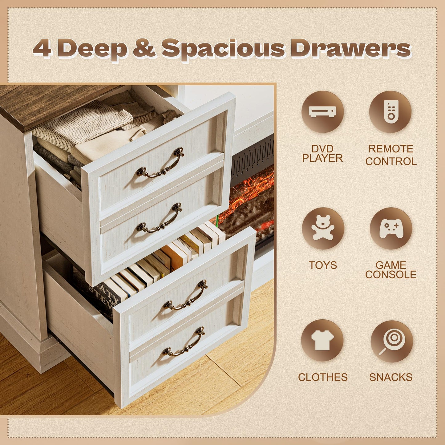 Huuger Fireplace TV Stand with LED Lights for 75 Inch TV, 3-Side Glass Fireplace Entertainment Center, 70 Inch Farmhouse Television Stands Stand with 4 Deep Drawers for Living Room, Distressed White