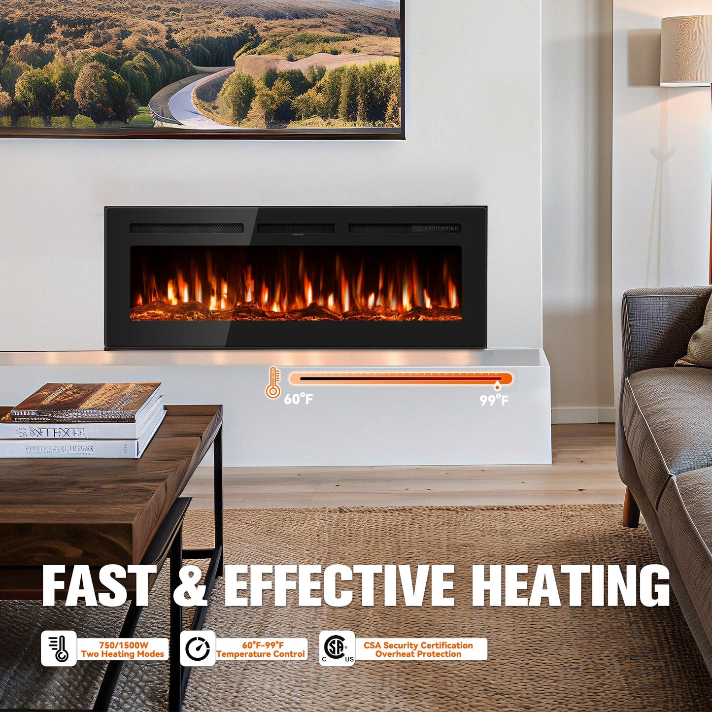 Manastin 50" Ultra-Thin Electric Fireplace Recessed and Wall Mounted with Remote Control, 12 Adjustable Color Fireplace Heater(60-99°F Thermostat), Low Noise, Timer, Child Lock