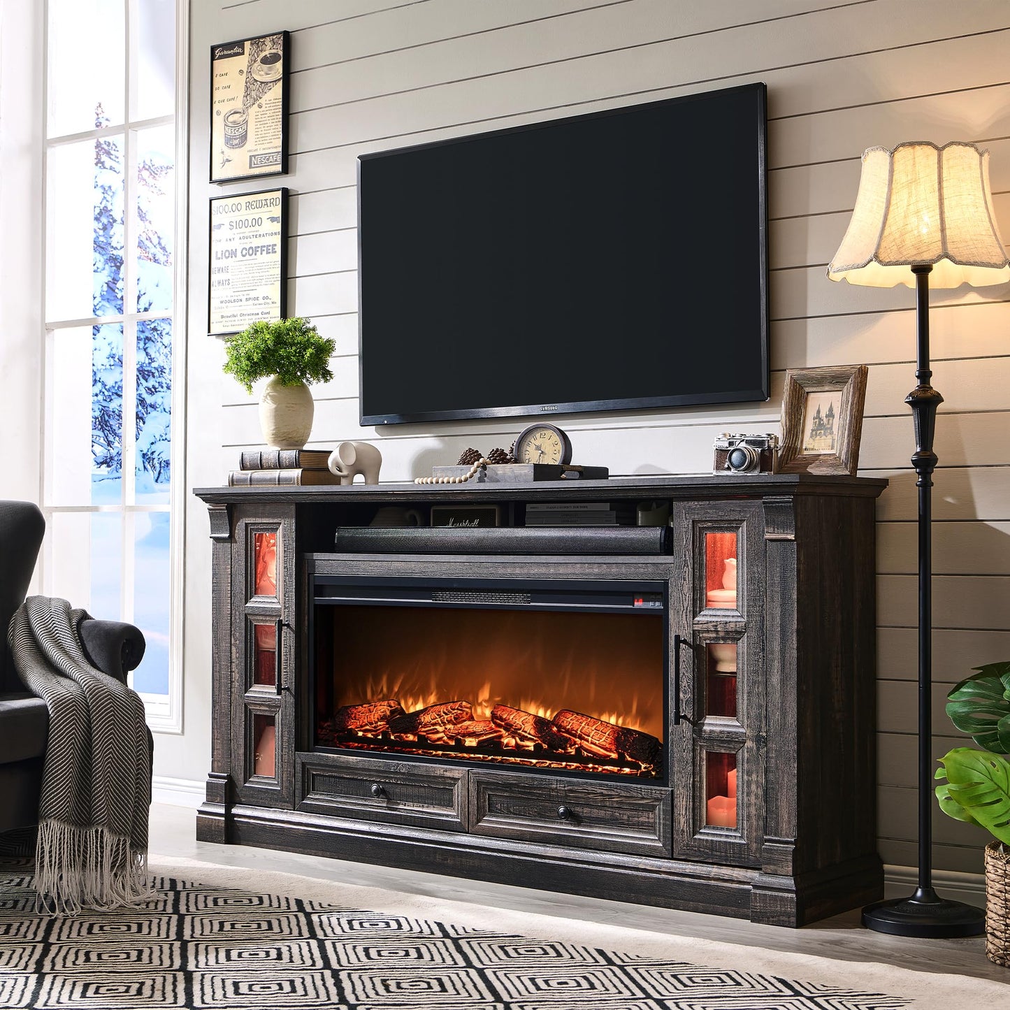OKD TV Stand with Fireplace for up-to-80 TV, Farmhouse 72" Entertainment Center with 42" Electric Fireplace, TV Console with Glass Door Cabinets & Drawers for Living Room, Dark Rustic Oak