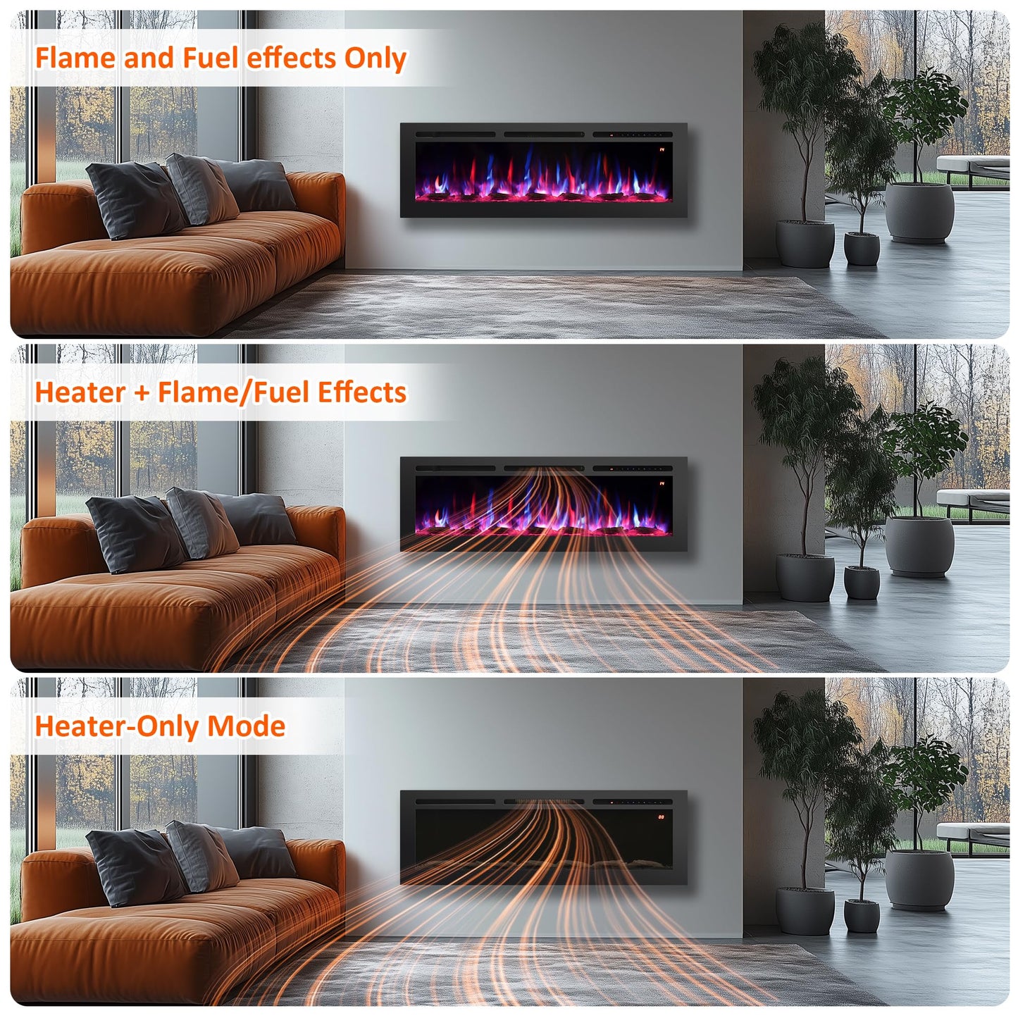 Rodalflame 54" Electric Fireplace Inserts, Adjustable Flame&Speed, Thermostat Heater, Recessed, Wall Mount, Freestanding, Brightness, Child Lock, Timer