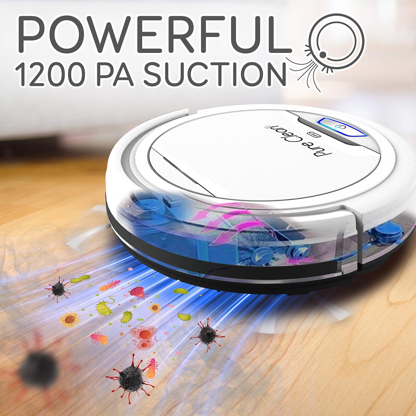 Pure Clean Robot Vacuum Cleaner - Upgraded Lithium Battery 90 Min Run Time - Automatic Bot Self Detects Stairs Pet Hair Allergies Friendly Robotic Home Cleaning for Carpet Hardwood Floor